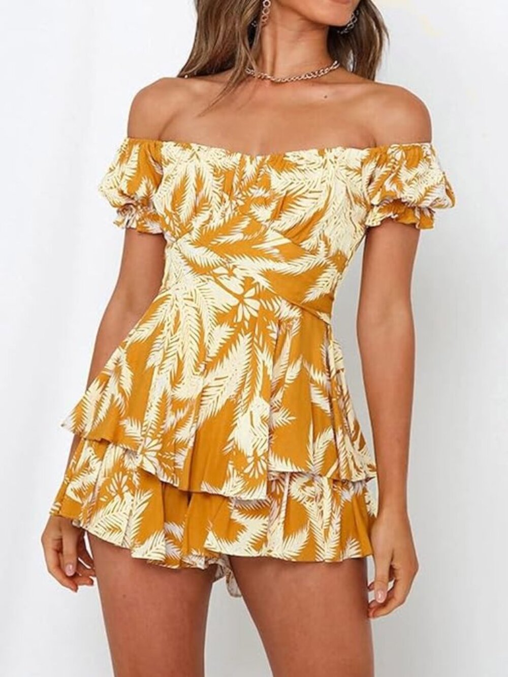 Boho Tropical Romper Off Shoulder Ruffle Yellow Chiffon